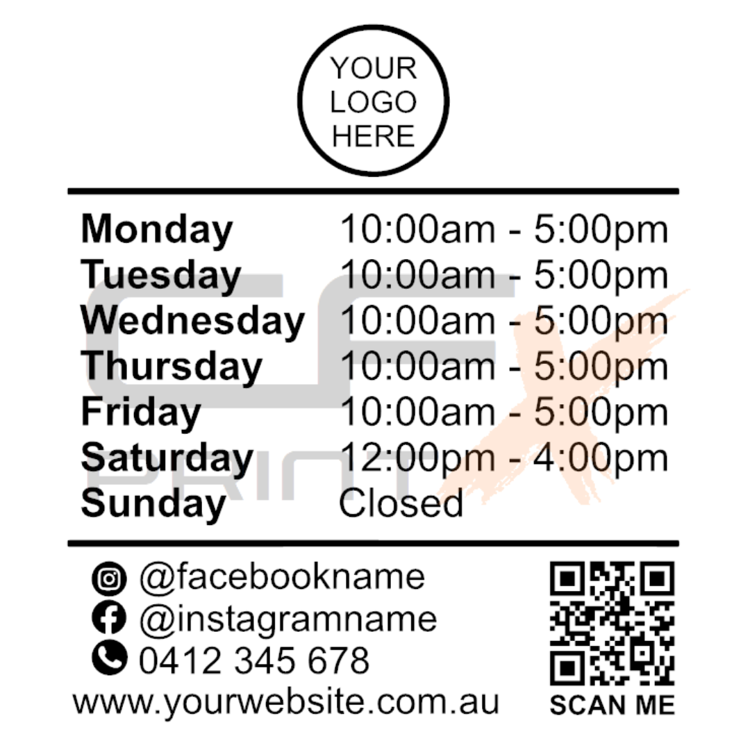 OPEN HOURS SIGN Business vinyl decal QR code website Version 1