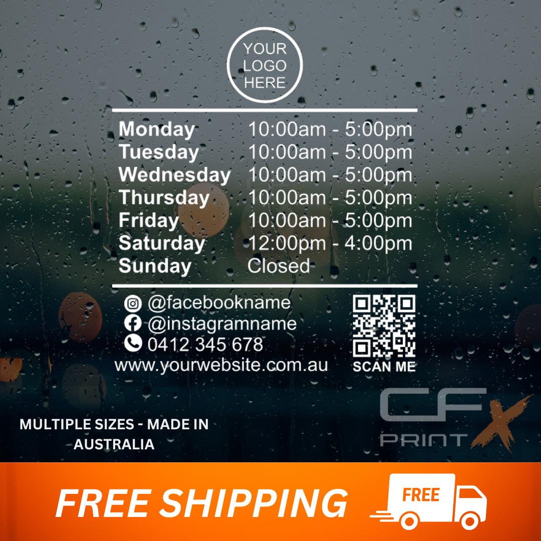 OPEN HOURS SIGN Business vinyl decal QR code website Version 1